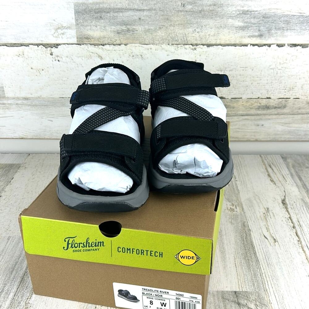 Florsheim Men 8 Black Leather Treadlite River Sandal Adjustable Slip On NWB - Picture 2 of 10